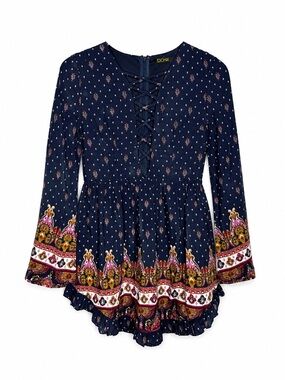 DEPRI Navy Paisley Border Print Lace Up Dress Women’s Small Boho Long Sleeve